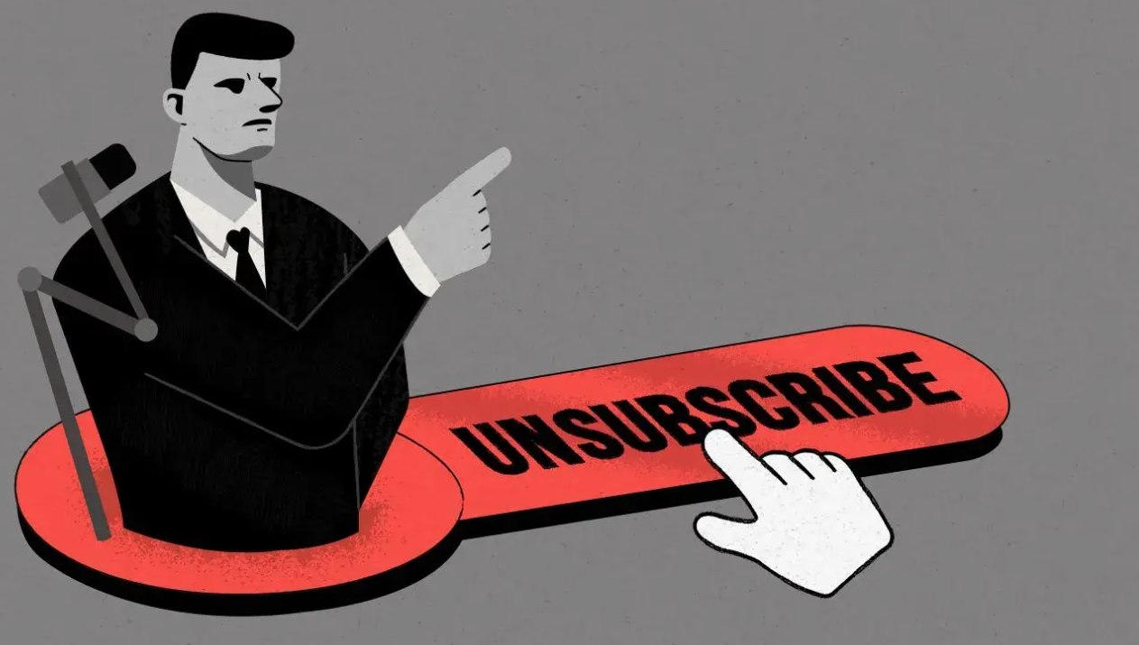 Kuva on piirroskuva, jossa on tummahiuksinen mieshahmo, mikrofoni, sekä punainen nappi jossa lukee "unsubsribe"
