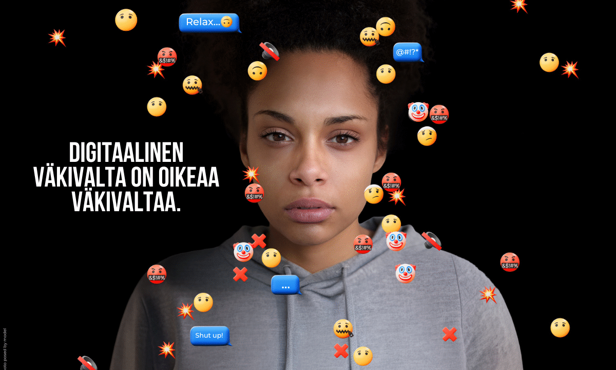 Kuvassa on vakavailmeinen nainen jonka ympärillä on erilaisia emojeja ja teksti "digitaalinen väkivalta on oikeaa väkivaltaa"