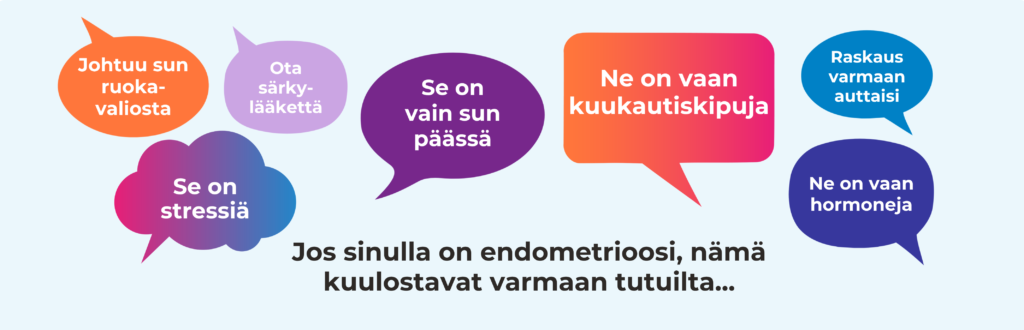 Kuvassa puhekuplia, joissa lukee endometrioosipotilaille suunnattuja lausahduksia, kuten: Se on vain sun päässä, Kokeile särkylääkettä.
