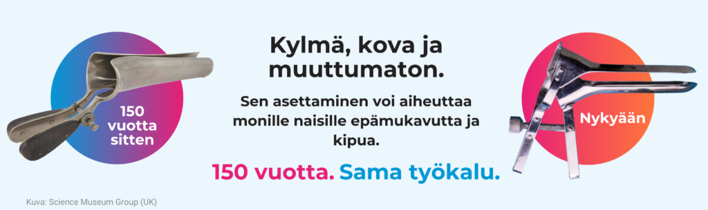 Kuvassa gynekologiseen sisätutkimukseen käytettävä asetin 150 vuotta sitten ja nykypäivänä. Asetin on kova ja kylmä, ja se aiheuttaa kipua useille. Työkalu on pysynyt muuttumattomana 150 vuotta.
