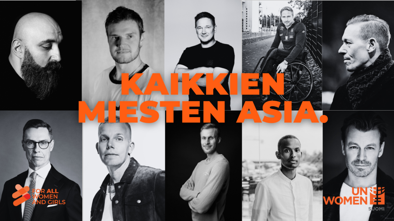Kuvassa on useita tunnettuja miehiä, mukaanlukien tasavallan presidentti Alexander Stubb, Miesten kuvien päällä on teksti "kaikkien miesten asia."